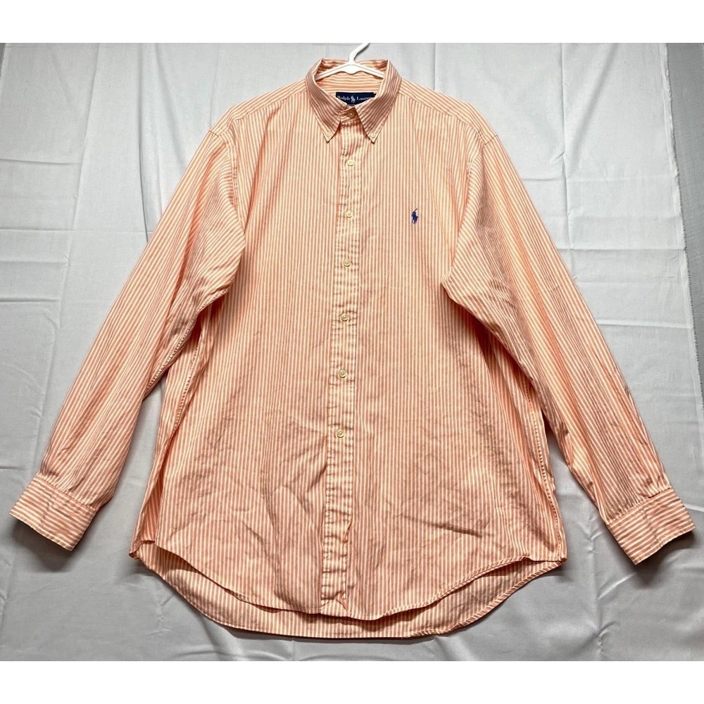 Ralph Lauren Dress Shirt Mens Large 16.5 Tenn Orange White Striped Classic Fit